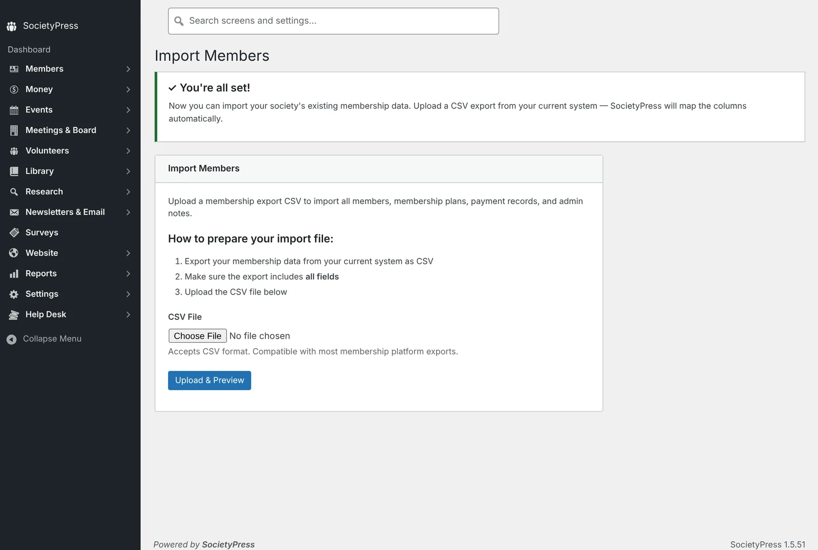 The Import Members screen, ready for a file