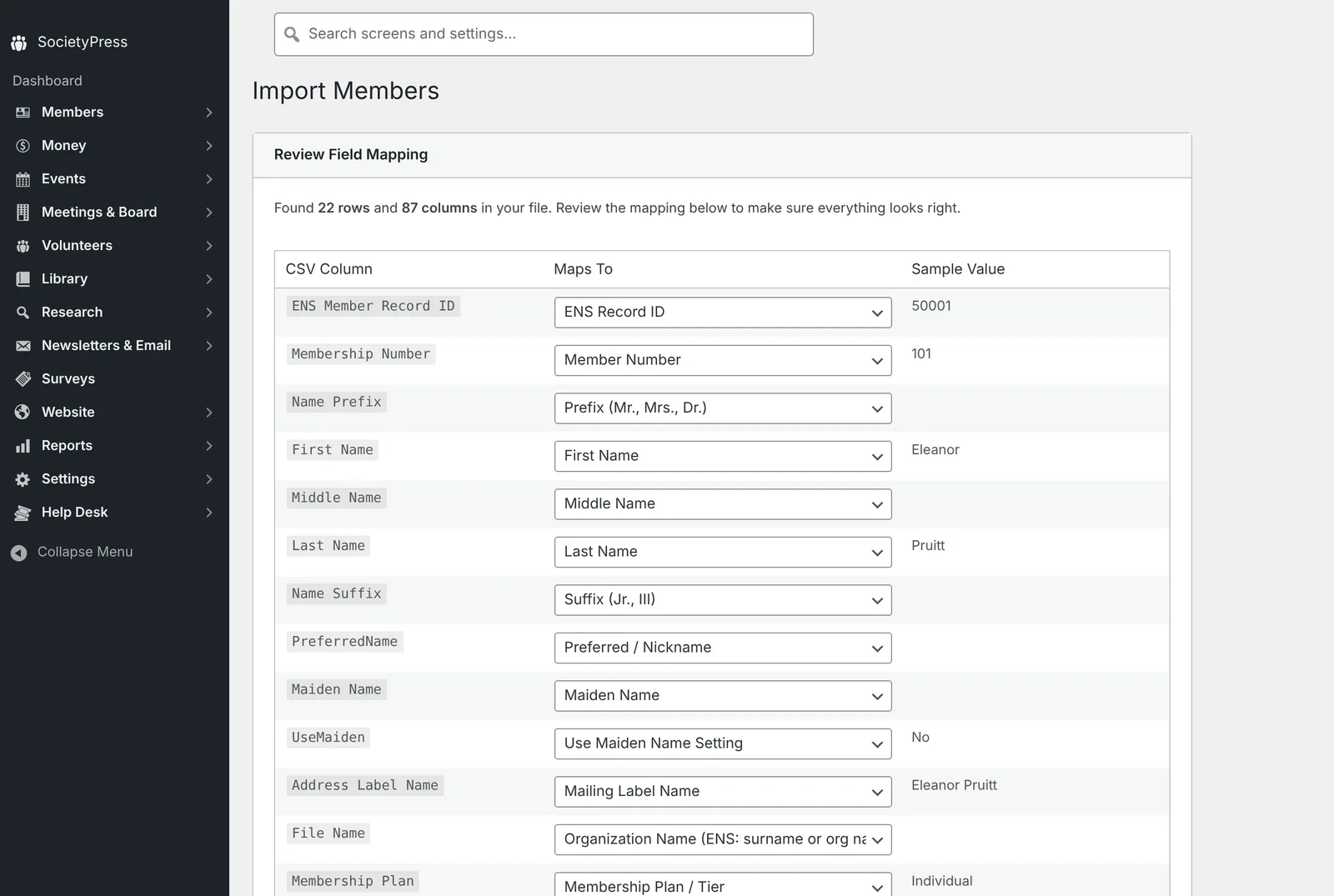 The field mapping screen, every ENS column already matched