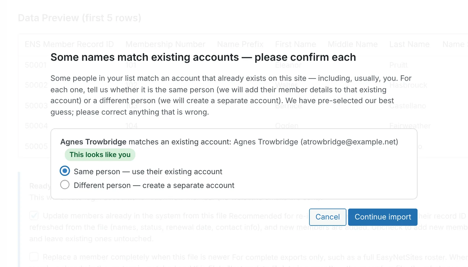 The confirmation asking whether Agnes Trowbridge is the existing account holder