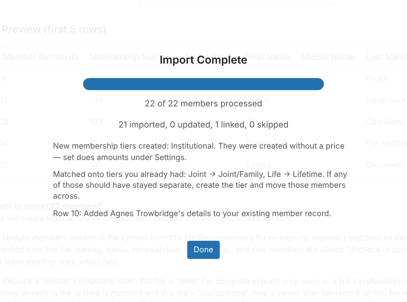 The Import Complete summary