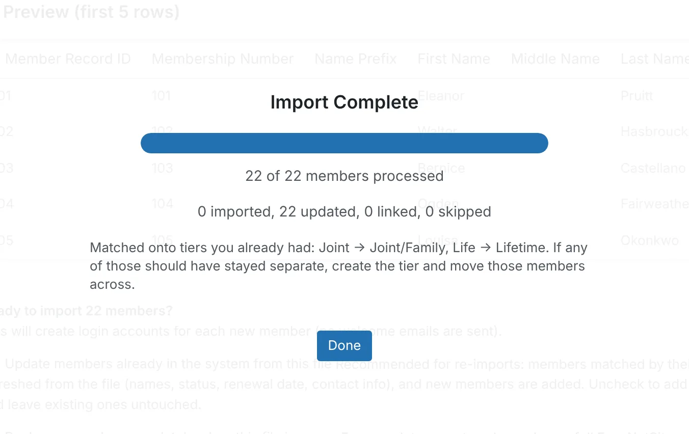 The second import's summary: 0 imported, 22 updated