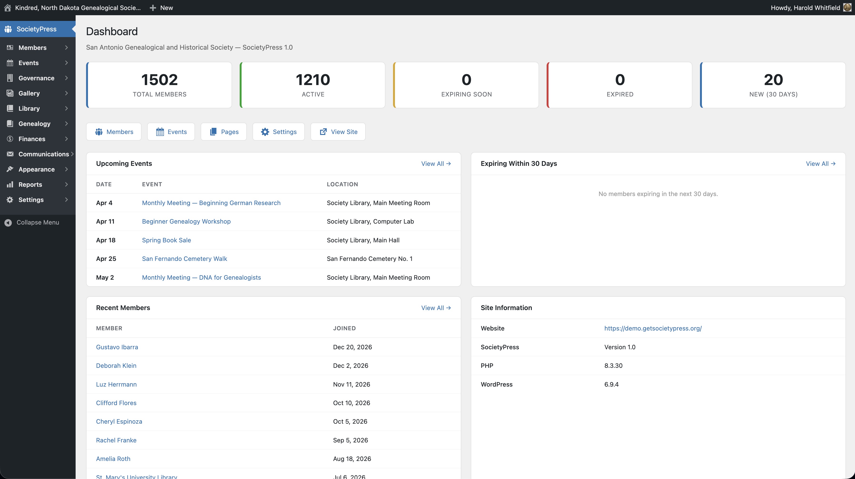 The SocietyPress dashboard showing member count, upcoming events, and sidebar navigation