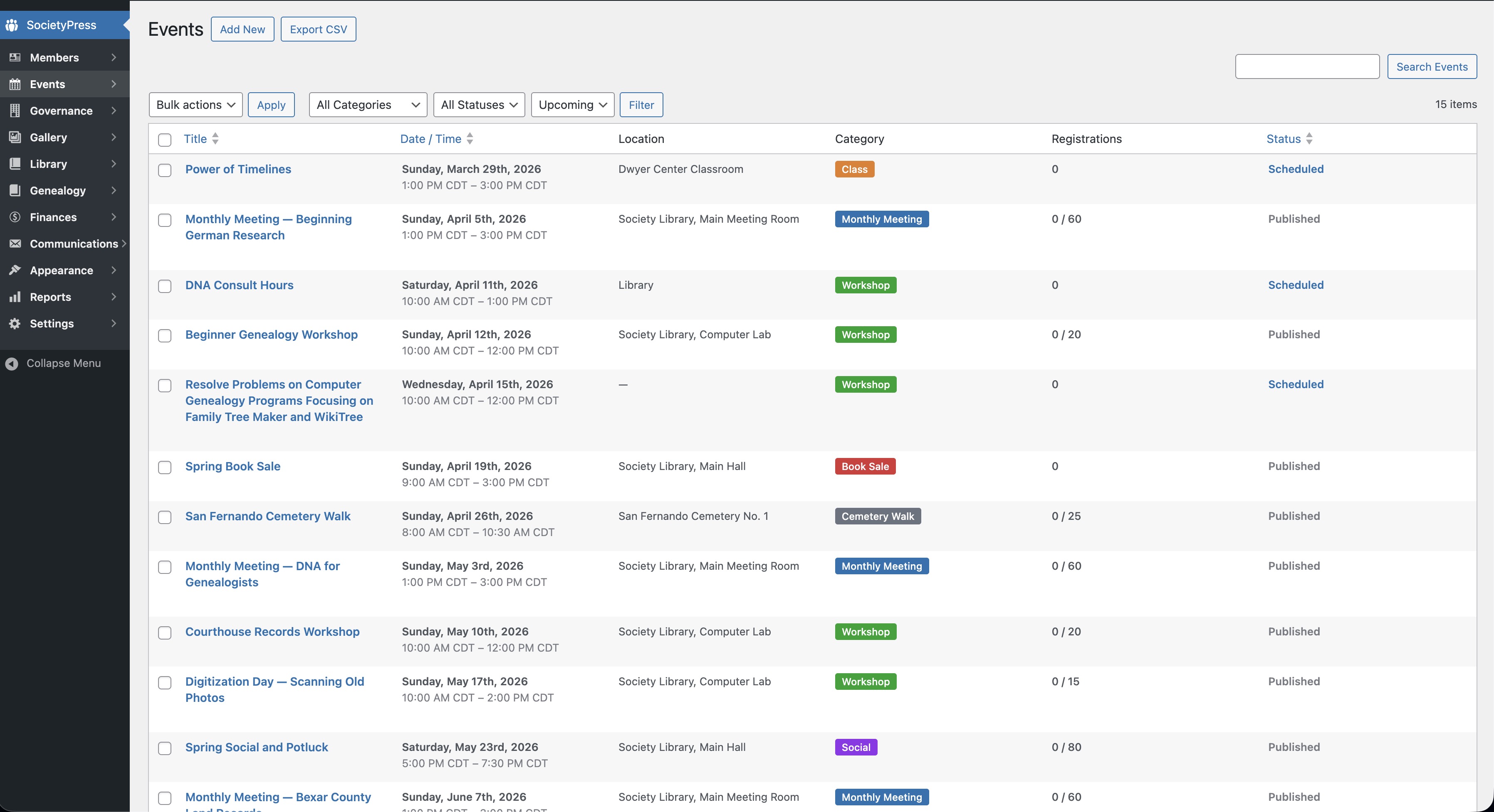 SocietyPress event management showing upcoming meetings, workshops, cemetery walks, and book sales with categories, locations, and registration counts