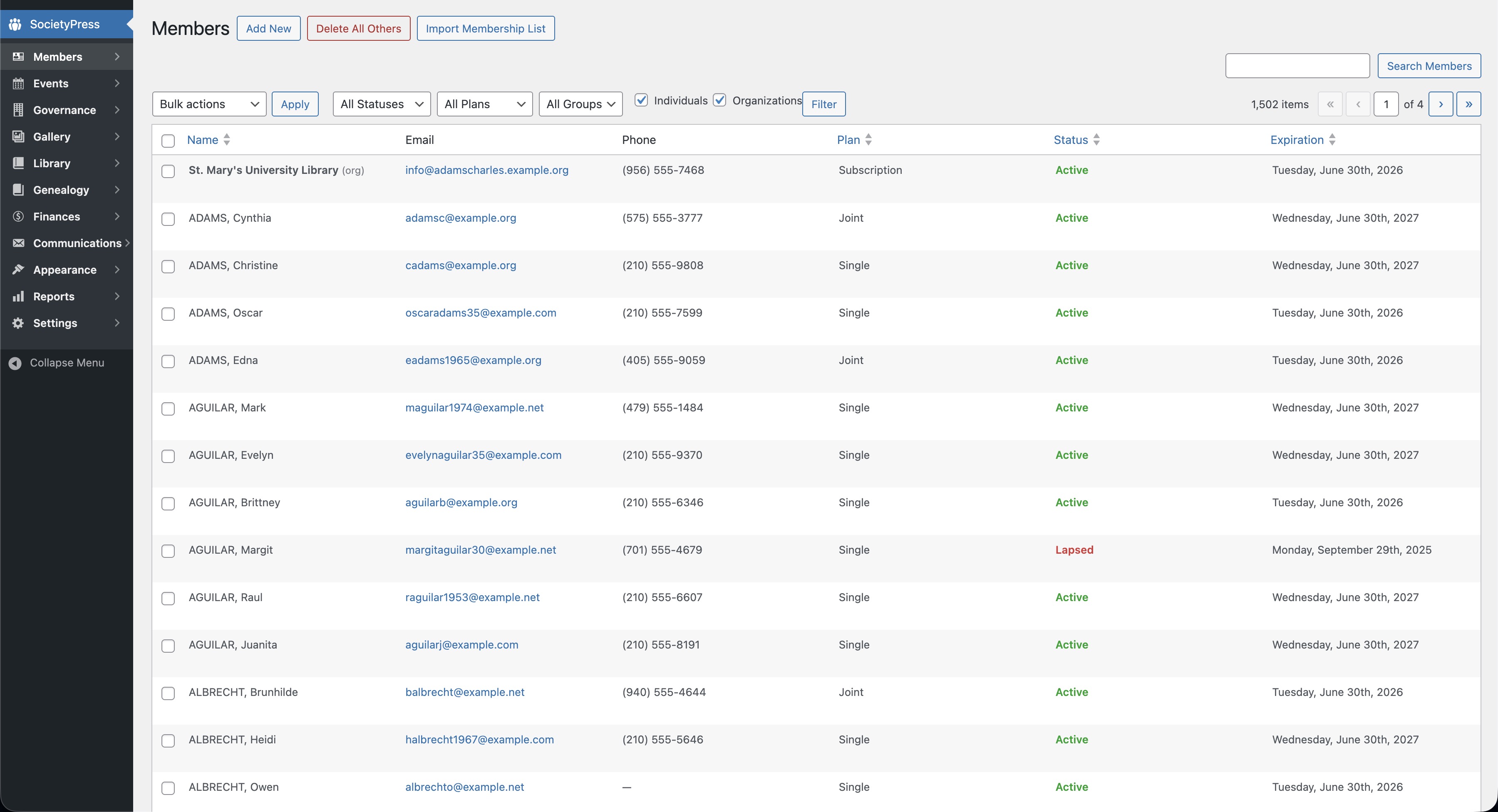 SocietyPress member management interface showing a list of members with names, emails, phone numbers, plans, and statuses