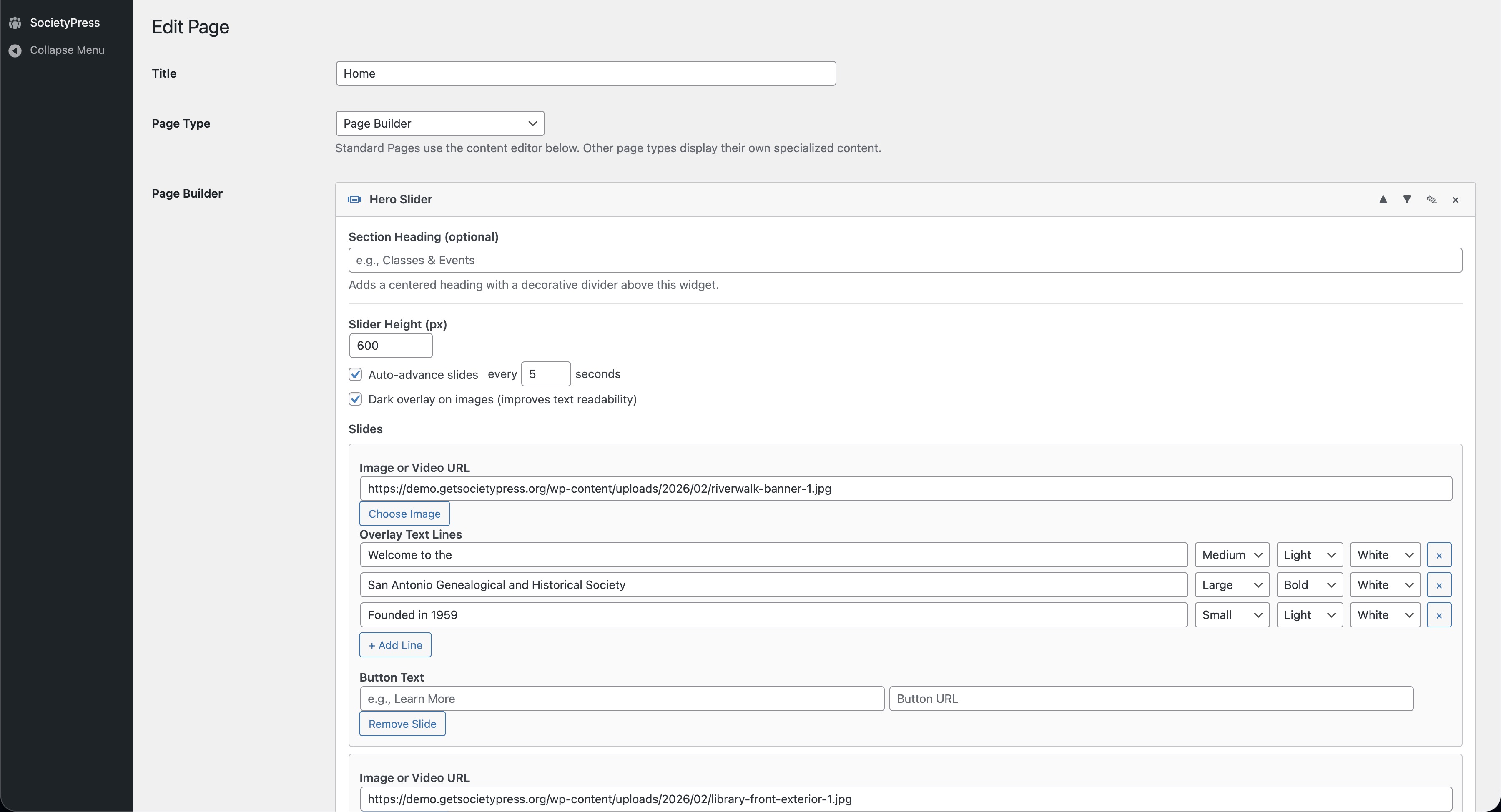 SocietyPress page builder showing a hero slider widget with overlay text controls, image selection, and slide configuration
