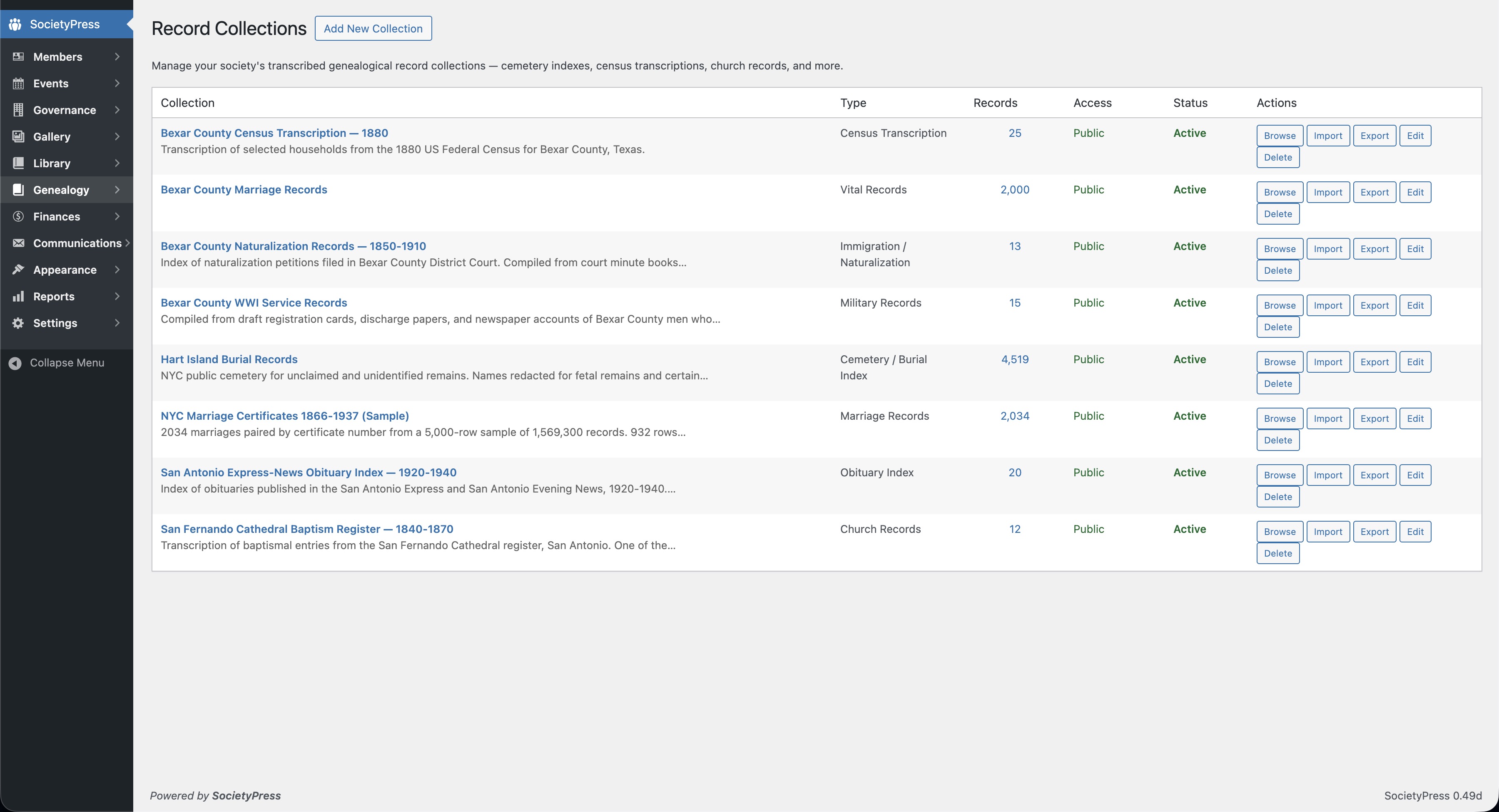 SocietyPress record collections showing cemetery indexes, census transcriptions, military records, church records, and naturalization records with record counts and export buttons